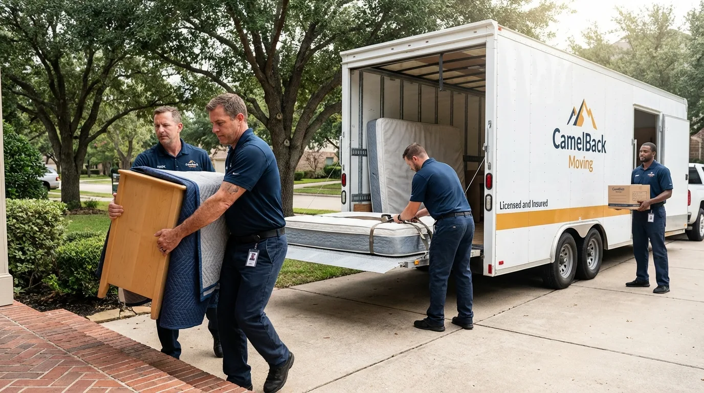 Crew loading residential truck for cross-state move from De Soto, IL