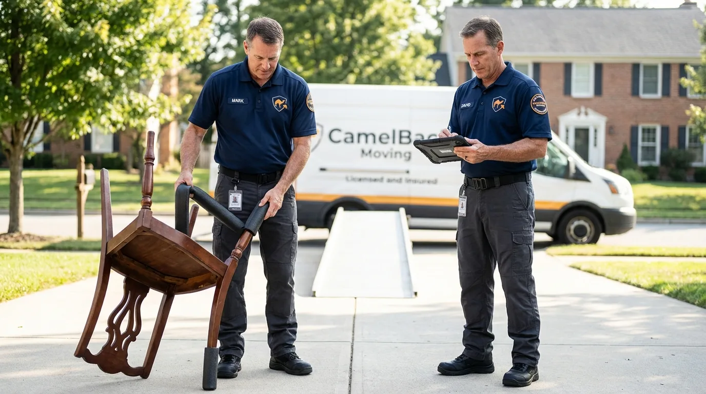 Movers inspecting furniture for damage prevention before loading in De Soto, IL