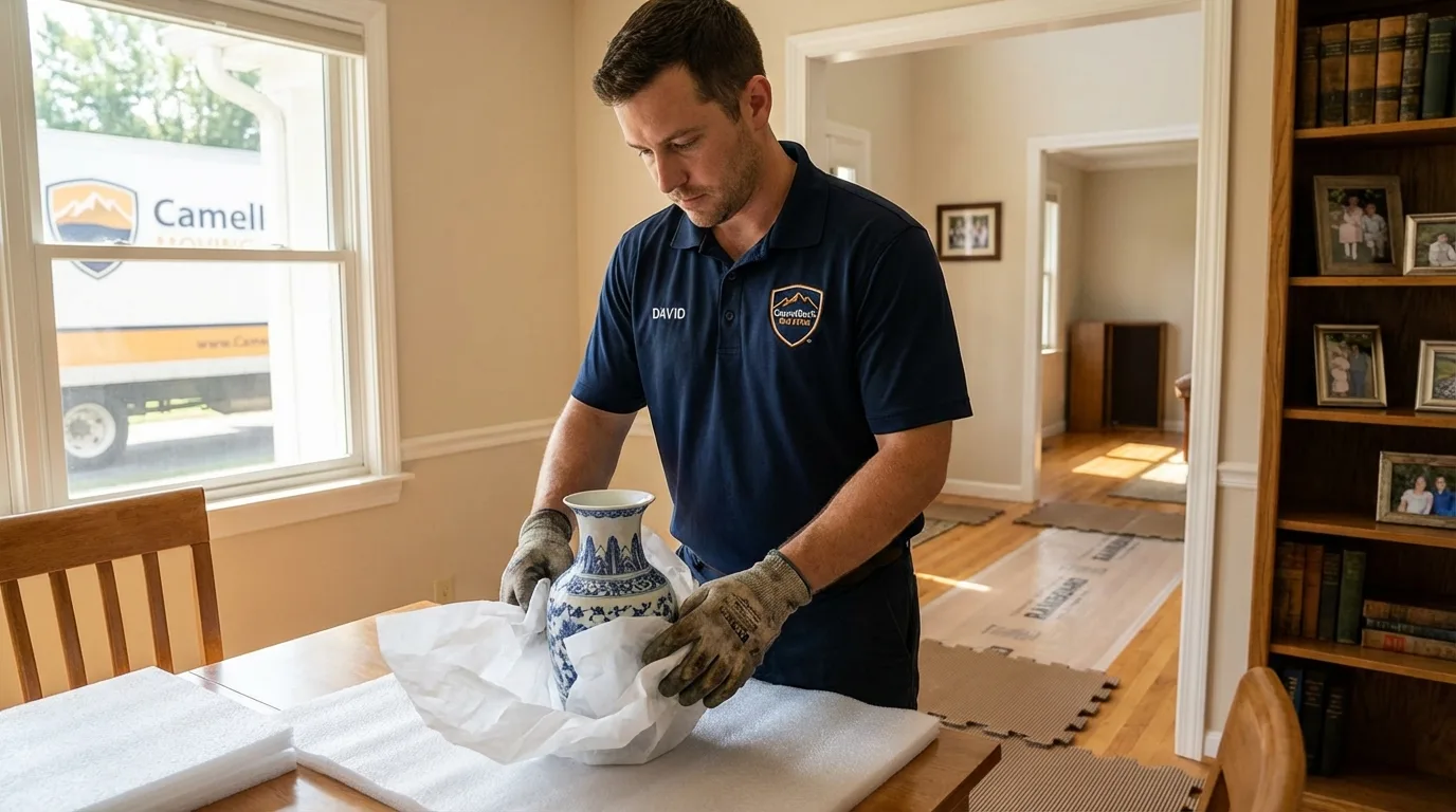 Professional crew carefully wrapping antique vase for senior downsizing move in De Soto, IL
