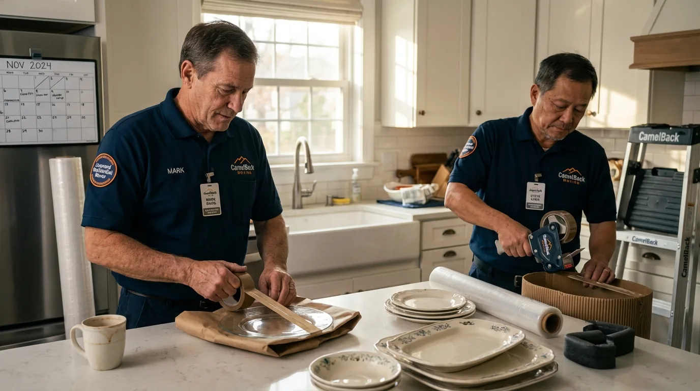 Professional crew packing kitchen dishware in De Soto, IL